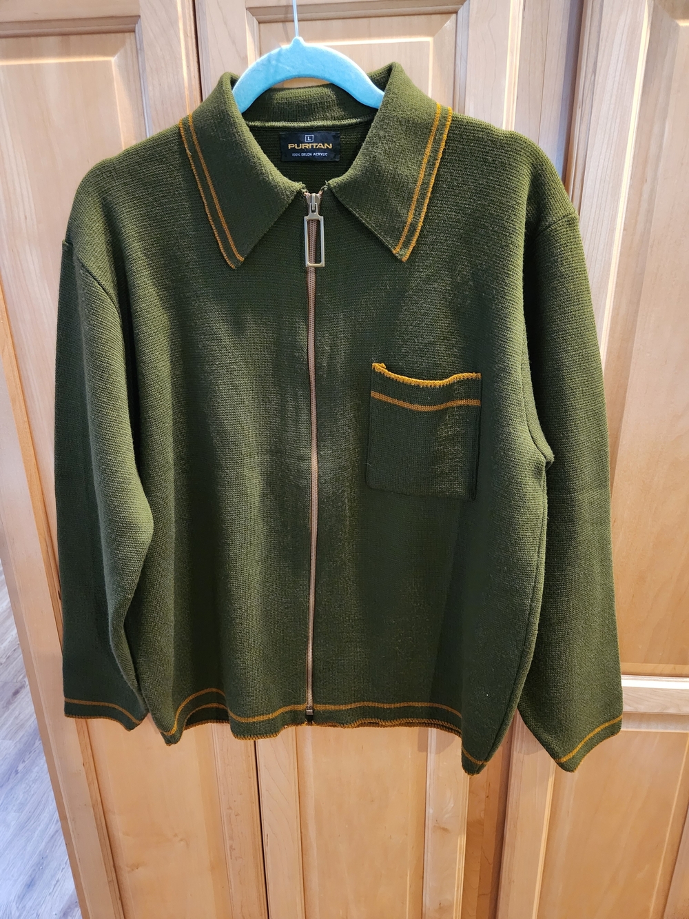 Puritan Olive Green Zip-Front Men's Sweater with Contrast Trim